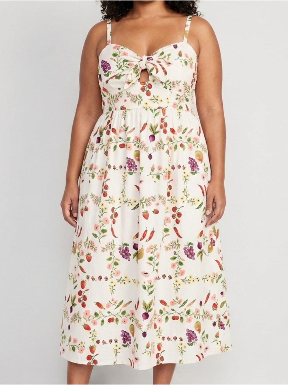 Cotton Garden Fruit Vegetable Cottagecore Floral Print Tie Ivory Midi Dress L